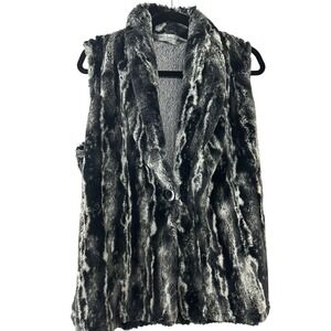 Vine Street Faux Fur Vest L Black White Marbled Single Button Mob Wife Glam Luxe